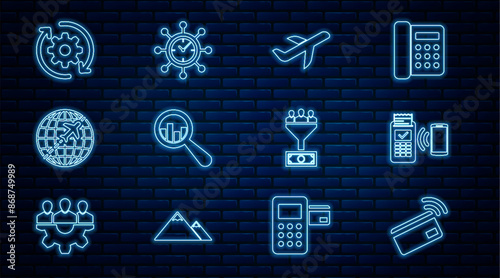 Set line Contactless payment, POS terminal, Plane, Magnifying glass and analysis, Globe with flying plane, Gear arrows workflow, Lead management and Clock gear icon. Vector