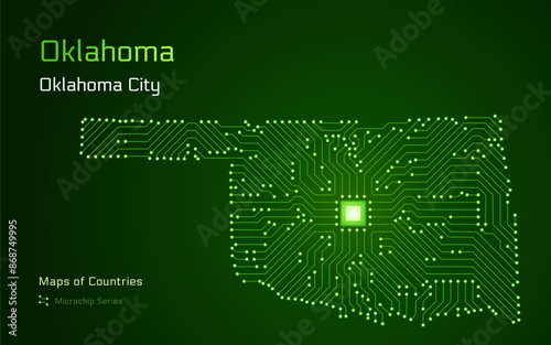 Oklahoma Map with a capital of Oklahoma City Shown in a Microchip Pattern. Silicon valley, E-government. United States vector maps. Microchip Series	