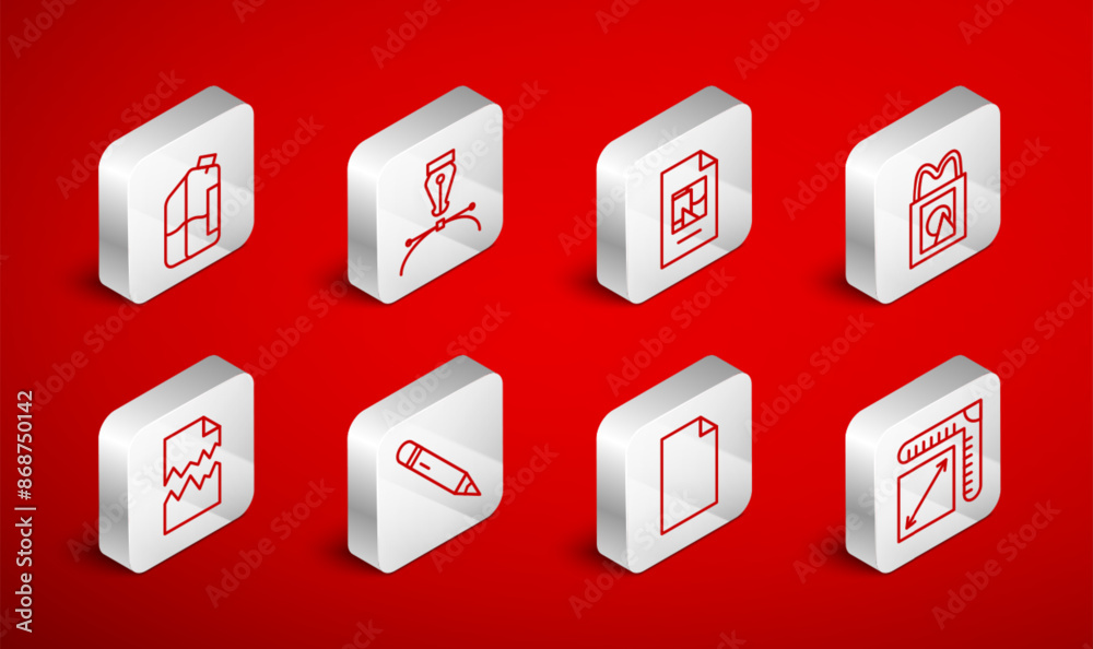 Set line Paper size, Fountain pen nib, File document, shopping bag, Empty, Printer ink bottle, Pencil with eraser and Torn icon. Vector Set line Paper size, Fountain pen nib, File document, shopping bag, Empty, Printer ink bottle, Pencil with eraser and Torn icon. Vector
