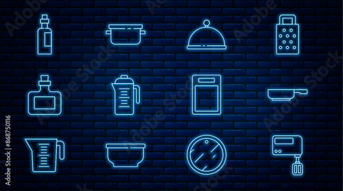 Set line Electric mixer, Frying pan, Covered with tray, Teapot, Sauce bottle, Bottle of olive oil, Cutting board and Cooking icon. Vector