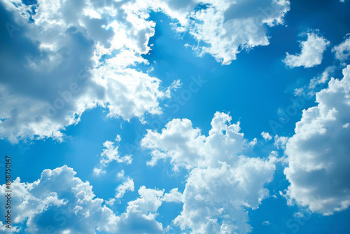 Bright Blue Sky with Fluffy Clouds on a Sunny Day, Perfect for Capturing the Essence of Clear Weather and Tranquility