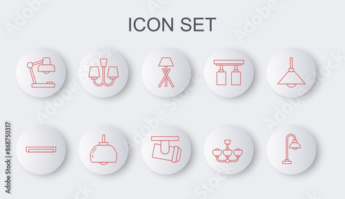 Set line Floor lamp, Fluorescent, Chandelier, Table, and Led track lights lamps icon. Vector