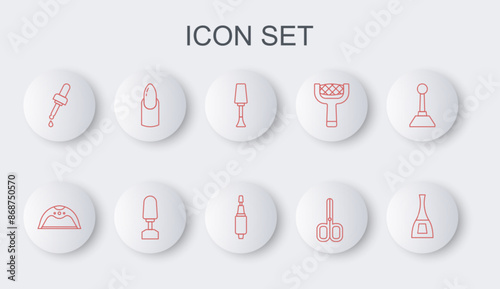 Set line Bottle of nail polish, Manicure lamp, Nail, scissors, Pipette with oil, manicure, Milling cutter for and icon. Vector
