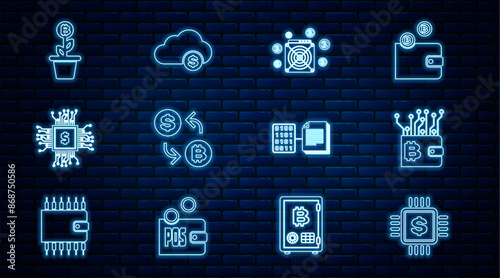Set line Processor chip with dollar, Cryptocurrency wallet, ASIC Miner, exchange, Bitcoin plant the pot, Smart contract and cloud mining icon. Vector