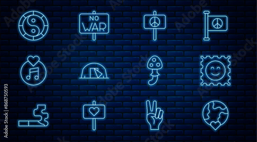 Set line The heart world - love, LSD acid mark, Peace, Tourist tent, Vinyl disk, Yin Yang symbol, Psilocybin mushroom and No war icon. Vector