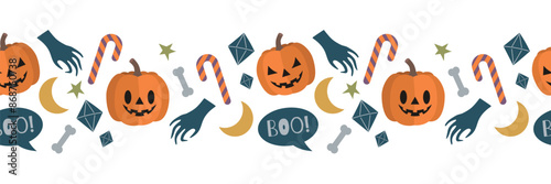 Halloween seamless border. Pumpkin, lollipop, moon, star, bones. Isolated vector illustration for your holiday design