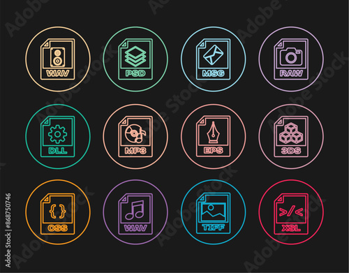 Set line XSL file document, 3DS, MSG, MP3, DLL, WAV, EPS and PSD icon. Vector