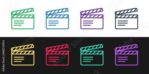 Set line Movie clapper icon isolated on black and white background. Film clapper board. Clapperboard sign. Cinema production or media industry. Vector