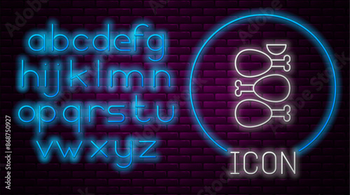 Glowing neon line Indian traditional food Tandoori chicken icon isolated on brick wall background. Neon light alphabet. Vector