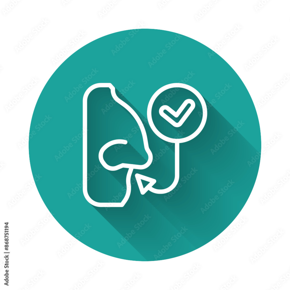 White line Healthy breathing icon isolated with long shadow background. Breathing nose. Green circle button. Vector White line Healthy breathing icon isolated with long shadow background. Breathing nose. Green circle button. Vector