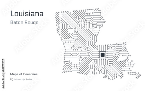 Luisiana Map with a capital of Baton Rouge Shown in a Microchip Pattern. Silicon valley, E-government. United States vector maps. Microchip Series	