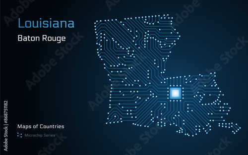 Luisiana Map with a capital of Baton Rouge Shown in a Microchip Pattern. Silicon valley, E-government. United States vector maps. Microchip Series	