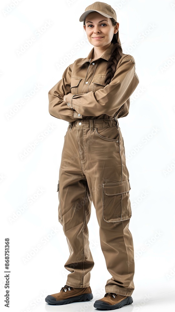 Confident Female Worker in Brown Overalls Confident Female Worker in Brown Overalls