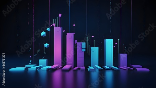 Growth business, growth bar chart rocket, innovation, 3d render, in the style of black and blue, dynamic action sequences, digital illustration, soft and rounded forms, 3d, dark blue background, viole
