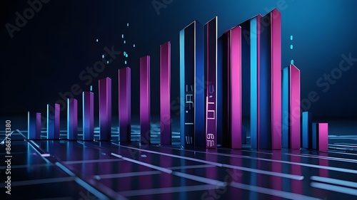 Growth business, growth bar chart rocket, innovation, 3d render, in the style of black and blue, dynamic action sequences, digital illustration, soft and rounded forms, 3d, dark blue background, viole