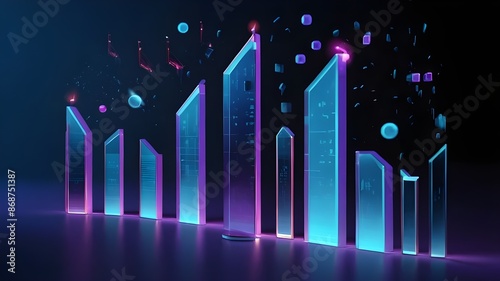 Growth business, growth bar chart rocket, innovation, 3d render, in the style of black and blue, dynamic action sequences, digital illustration, soft and rounded forms, 3d, dark blue background, viole