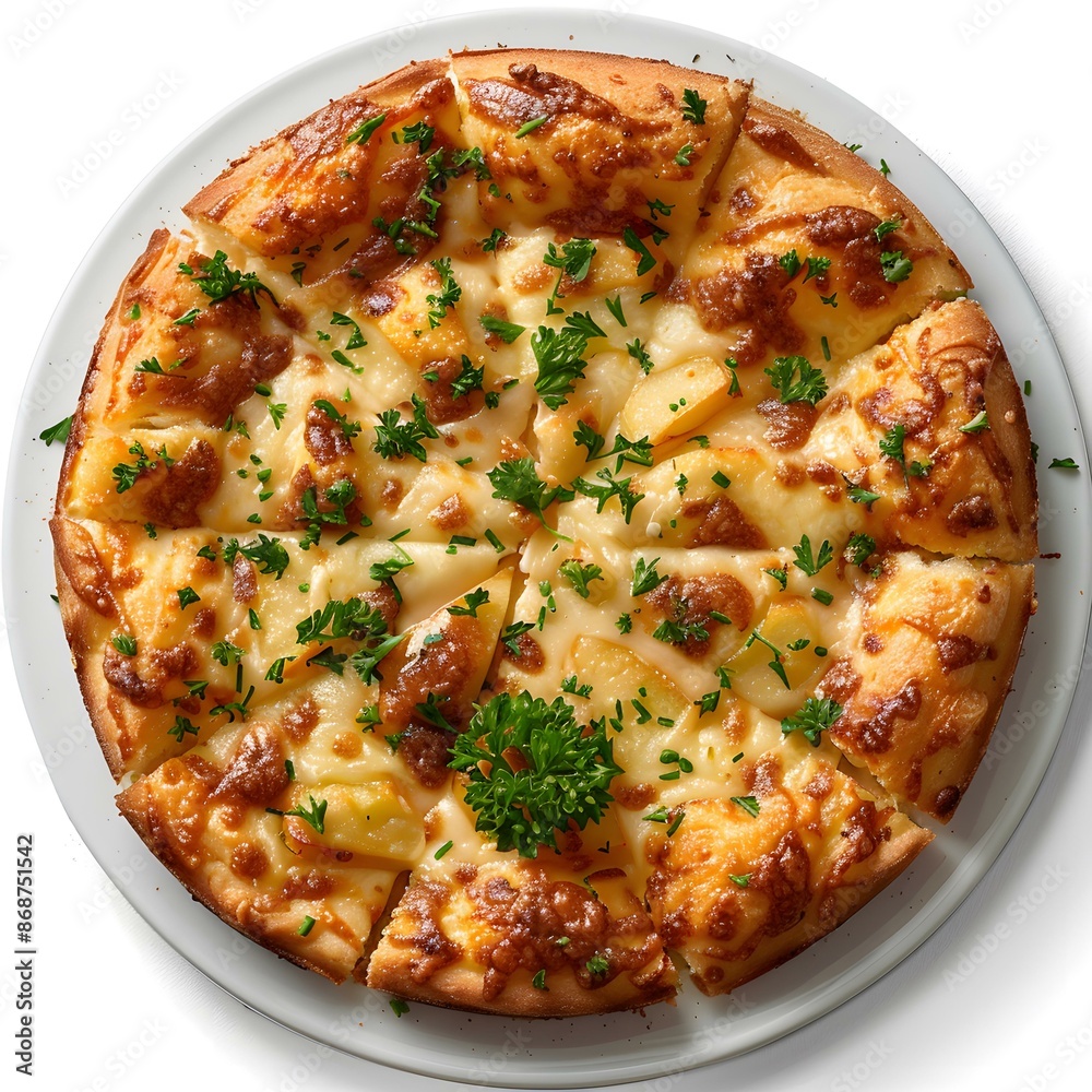 Delicious cheese and potato pizza overhead Delicious cheese and potato pizza overhead