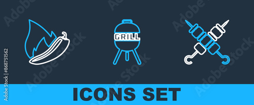 Set line Grilled shish kebab, Hot chili pepper pod and Barbecue grill icon. Vector