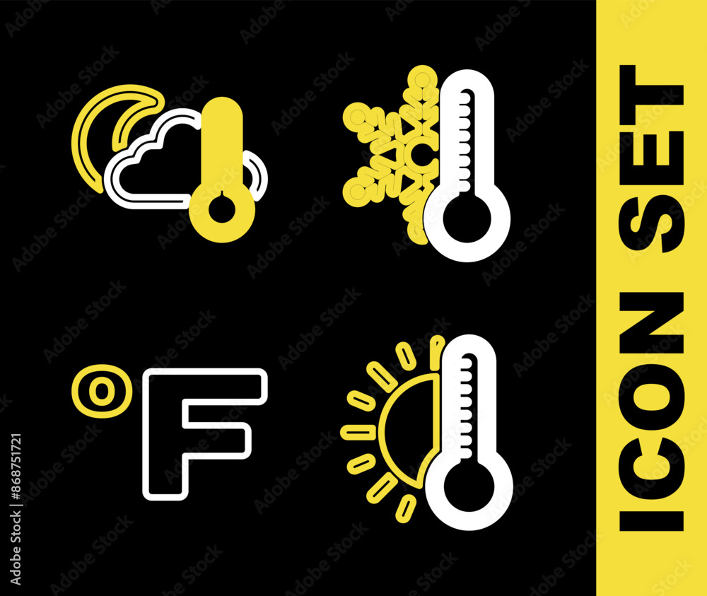 Set line Thermometer with snowflake, sun, Fahrenheit and and cloud, moon icon. Vector Set line Thermometer with snowflake, sun, Fahrenheit and and cloud, moon icon. Vector