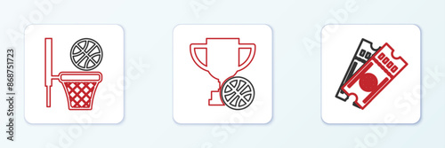 Set line Basketball game ticket, backboard and Award cup icon. Vector