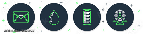 Set line Water drop, Smartphone with contacts, Envelope Valentine heart and Marketing target strategy icon. Vector