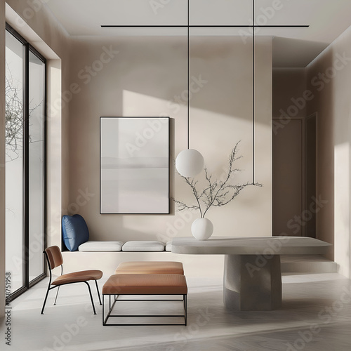 Aesthetic minimalist room interior design. Mockup picture frames. Mock up poster on the walls. Copy space. Clean luxury apartment for decoration. Neutral colors. Modern style.
