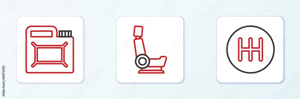 Set line Gear shifter, Canister for motor oil and Car seat icon. Vector Set line Gear shifter, Canister for motor oil and Car seat icon. Vector