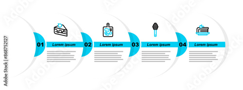 Set line Piece of cake, Honey dipper stick, Cutting board and icon. Vector