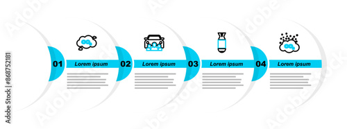 Set line CO2 emissions in cloud, Aviation bomb, Car sharing and icon. Vector
