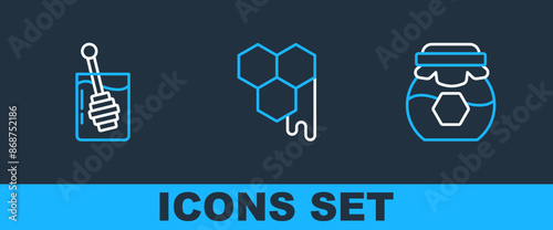 Set line Jar of honey, Honey dipper stick and Honeycomb icon. Vector