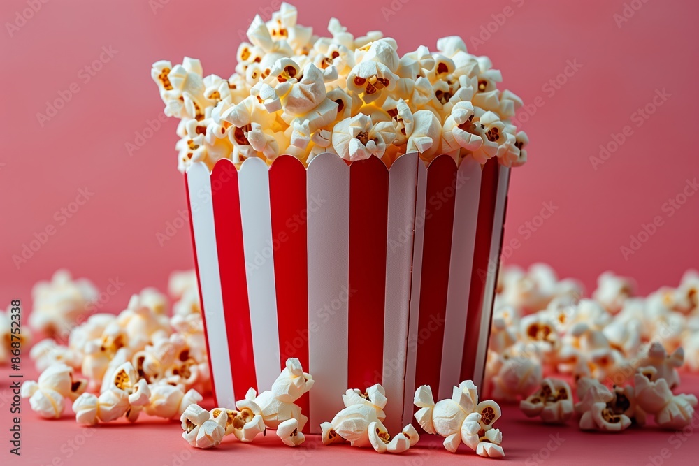 Cinema Clapper Board and Popcorn on Red Background: Minimalistic Top View Cinema Clapper Board and Popcorn on Red Background: Minimalistic Top View
