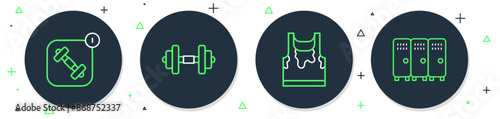 Set line Dumbbell, Sweaty sleeveless t-shirt, Fitness app and Locker or changing room icon. Vector