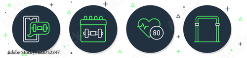 Set line Calendar fitness, Heart rate, Fitness app and Sport horizontal bar icon. Vector