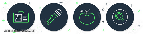 Set line Microphone, Apple, Identification badge and Magnifying glass icon. Vector