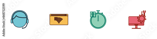 Set Man with a headset, No Internet connection, Stopwatch and Computer monitor service icon. Vector
