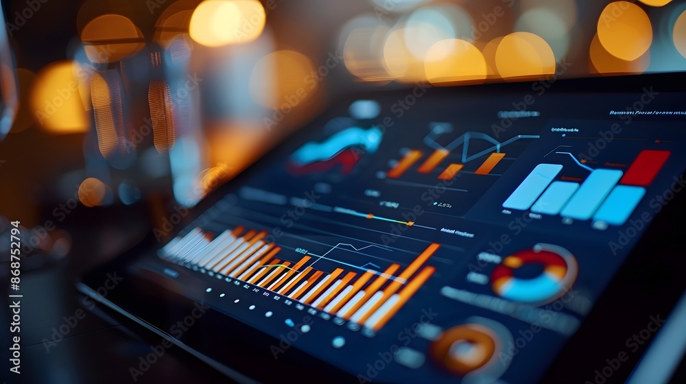 A close-up of a tablet displaying business key performance indicators (KPIs) with positive growth indicators A close-up of a tablet displaying business key performance indicators (KPIs) with positive growth indicators