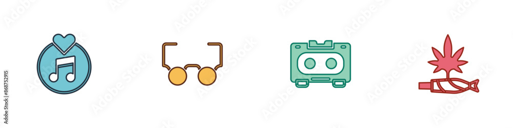 Set Vinyl disk, Glasses, Retro audio cassette tape and Marijuana joint, spliff icon. Vector Set Vinyl disk, Glasses, Retro audio cassette tape and Marijuana joint, spliff icon. Vector