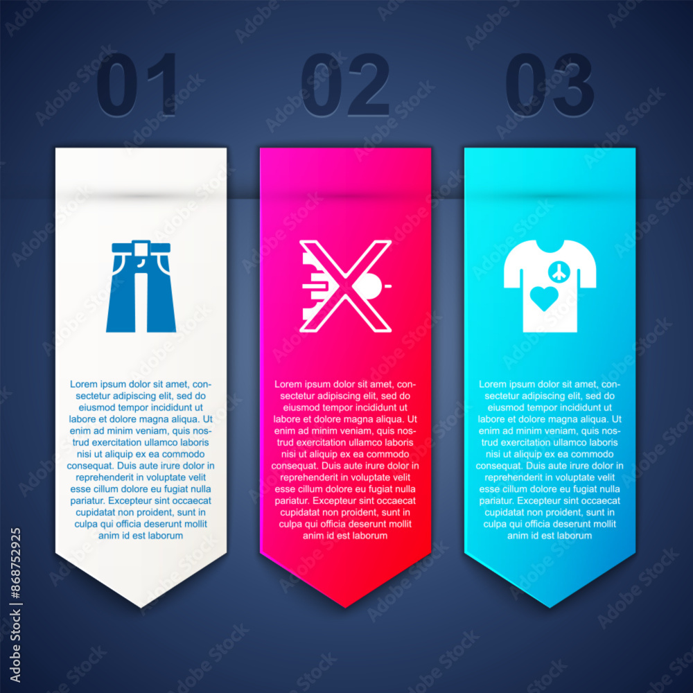 Set Jeans wide, No war and Peace t-shirt print stamp. Business infographic template. Vector Set Jeans wide, No war and Peace t-shirt print stamp. Business infographic template. Vector