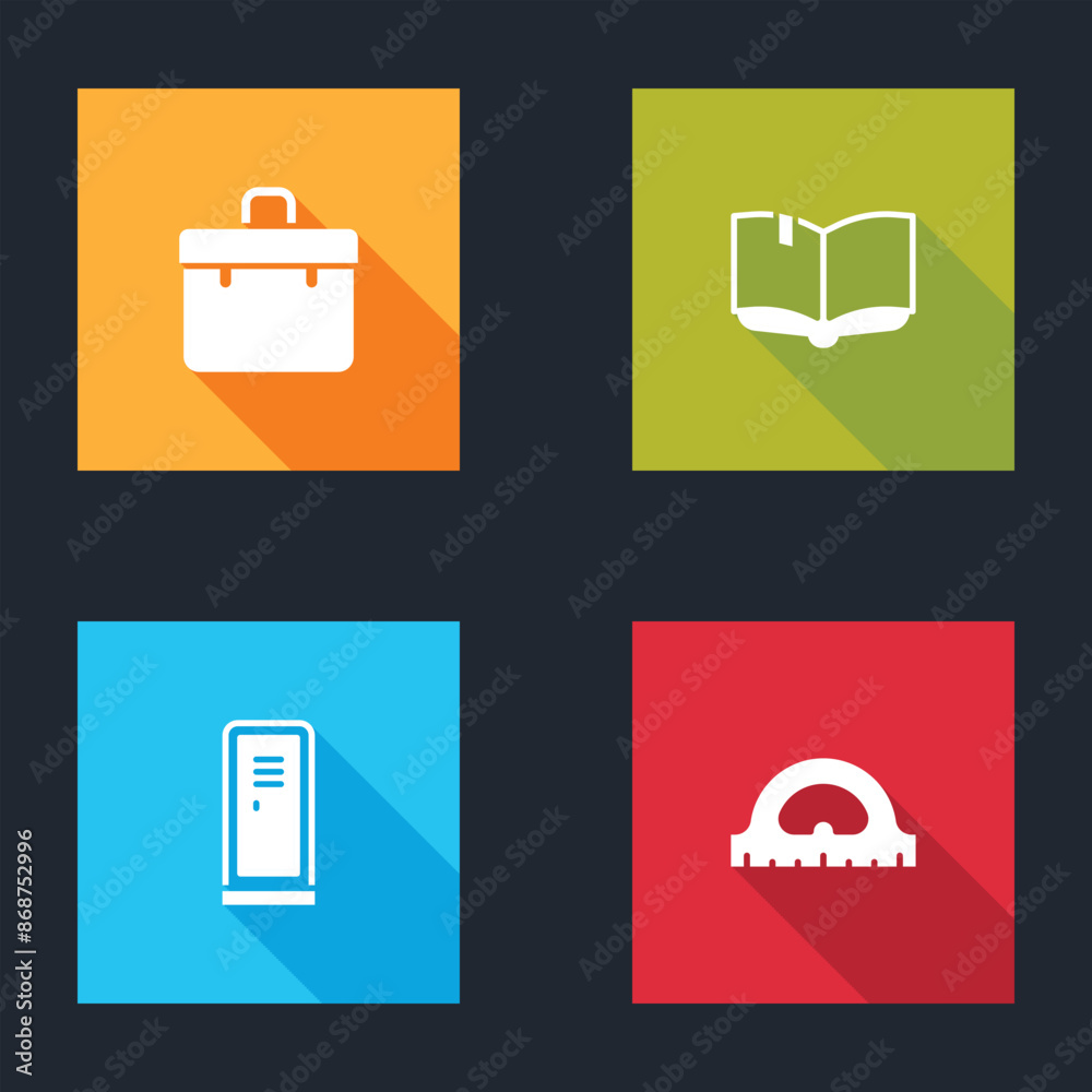 Set Briefcase, Open book, Locker or changing room and Protractor grid icon. Vector Set Briefcase, Open book, Locker or changing room and Protractor grid icon. Vector