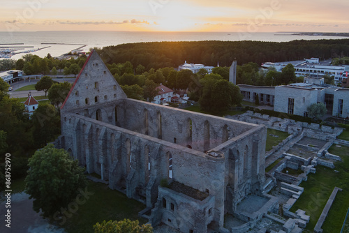 Ruins of the Birgitta monastery, photo voew from above with a drone on a summer evening at sunset. photo