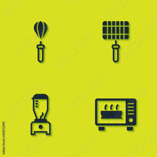 Set Kitchen whisk, Microwave oven, Blender and Barbecue steel grid icon. Vector