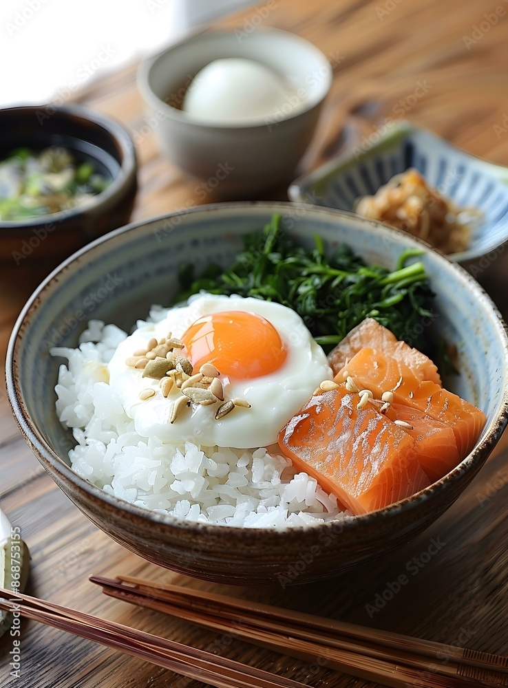 A delicious and healthy breakfast of rice, salmon, egg and spinach A delicious and healthy breakfast of rice, salmon, egg and spinach