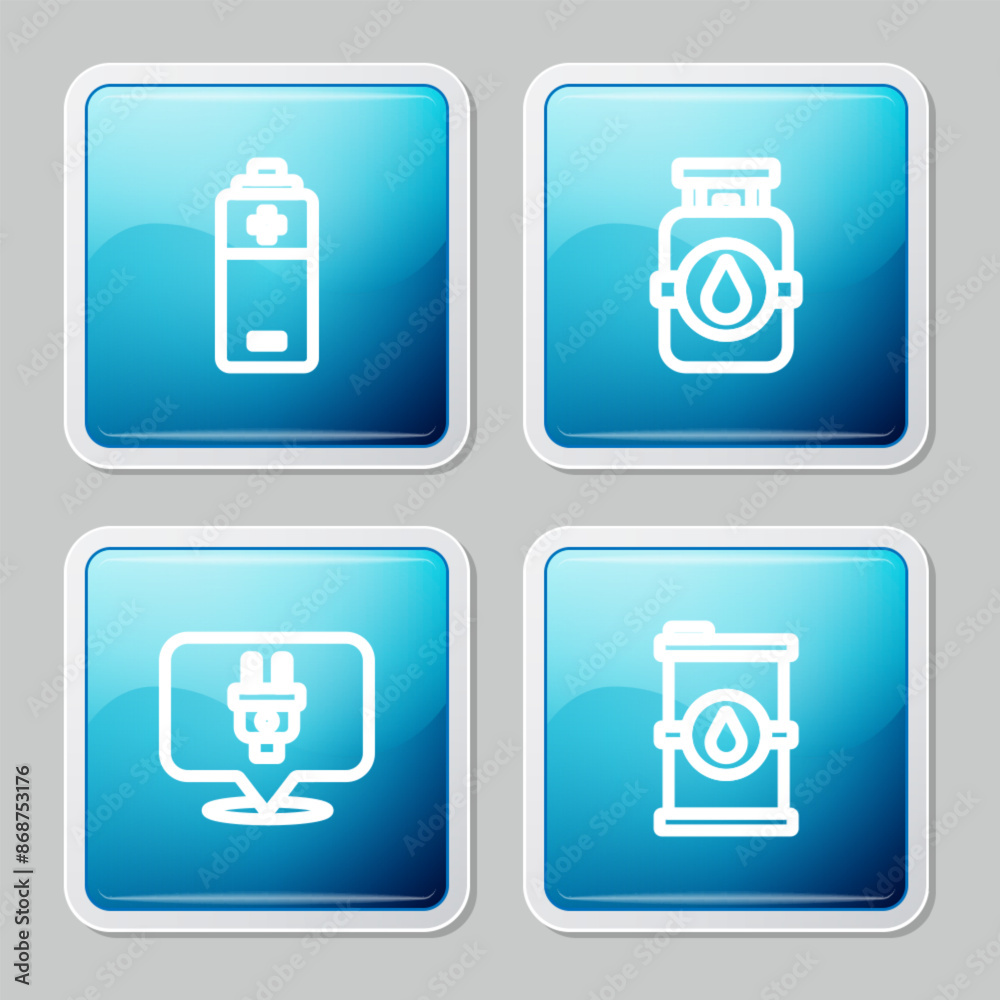Set line Battery, Propane gas tank, Electric plug and Bio fuel barrel icon. Vector Set line Battery, Propane gas tank, Electric plug and Bio fuel barrel icon. Vector