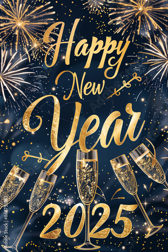 Champagne glasses toasting in front of navy blue background as golden fireworks explode for new year's eve 2025