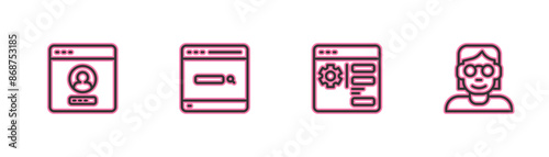 Set line Create account screen, Browser setting, Search engine and Hacker or coder icon. Vector