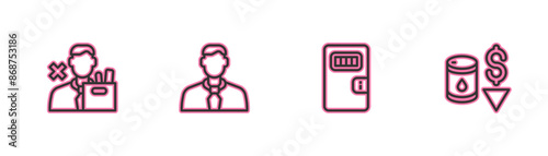 Set line Employee dismissal, Prison cell door, Worker and Drop in crude oil price icon. Vector