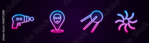 Set line Ray gun, Alien, Satellite and Black hole. Glowing neon icon. Vector
