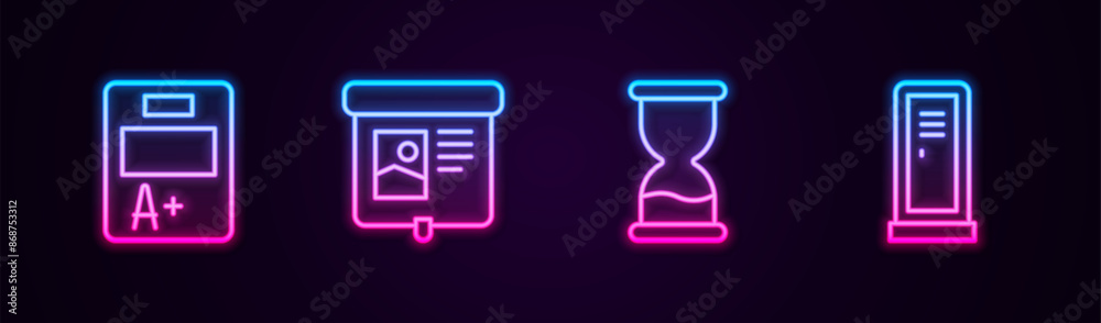 Set line Exam sheet with A plus grade, Projection screen, Old hourglass and Locker or changing room. Glowing neon icon. Vector Set line Exam sheet with A plus grade, Projection screen, Old hourglass and Locker or changing room. Glowing neon icon. Vector