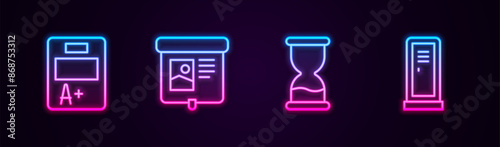 Set line Exam sheet with A plus grade, Projection screen, Old hourglass and Locker or changing room. Glowing neon icon. Vector