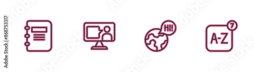 Set line Notebook, Learning foreign languages, Foreign online study and Online translator icon. Vector